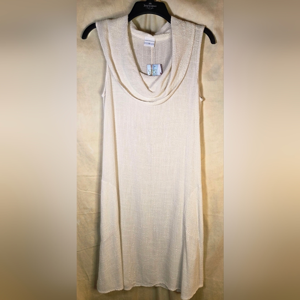 CMC Color Me Cotton Ivory Linen Rayon Cowl Neck Midi Dress Pockets S.